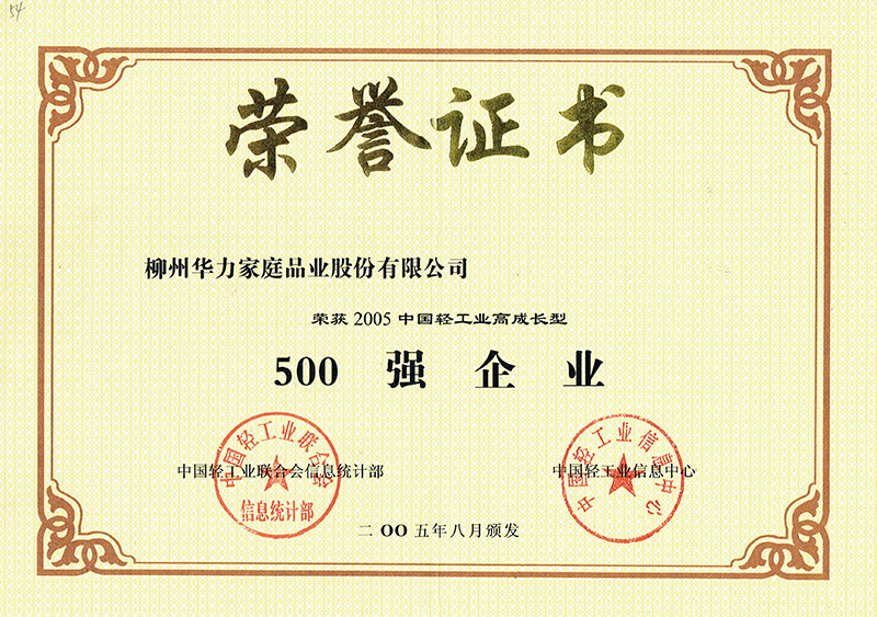 200508中国轻工业高成长型500强企业证书.jpg